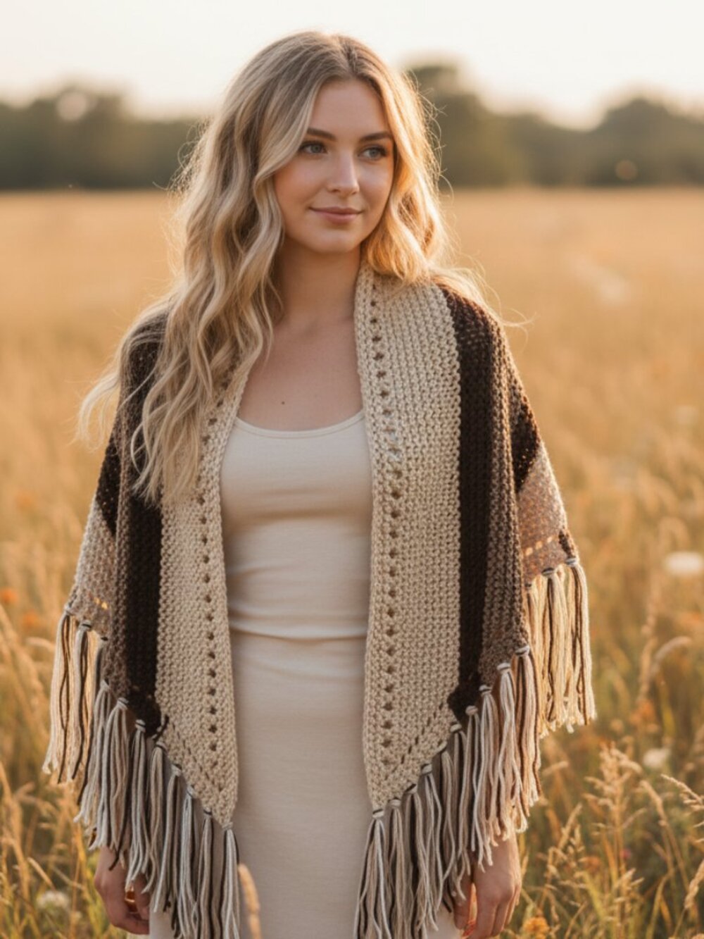 NEW Beige Brown Multi Hand Knitted Shawl Wrap Scarf Boho Hippie Indie Earthy